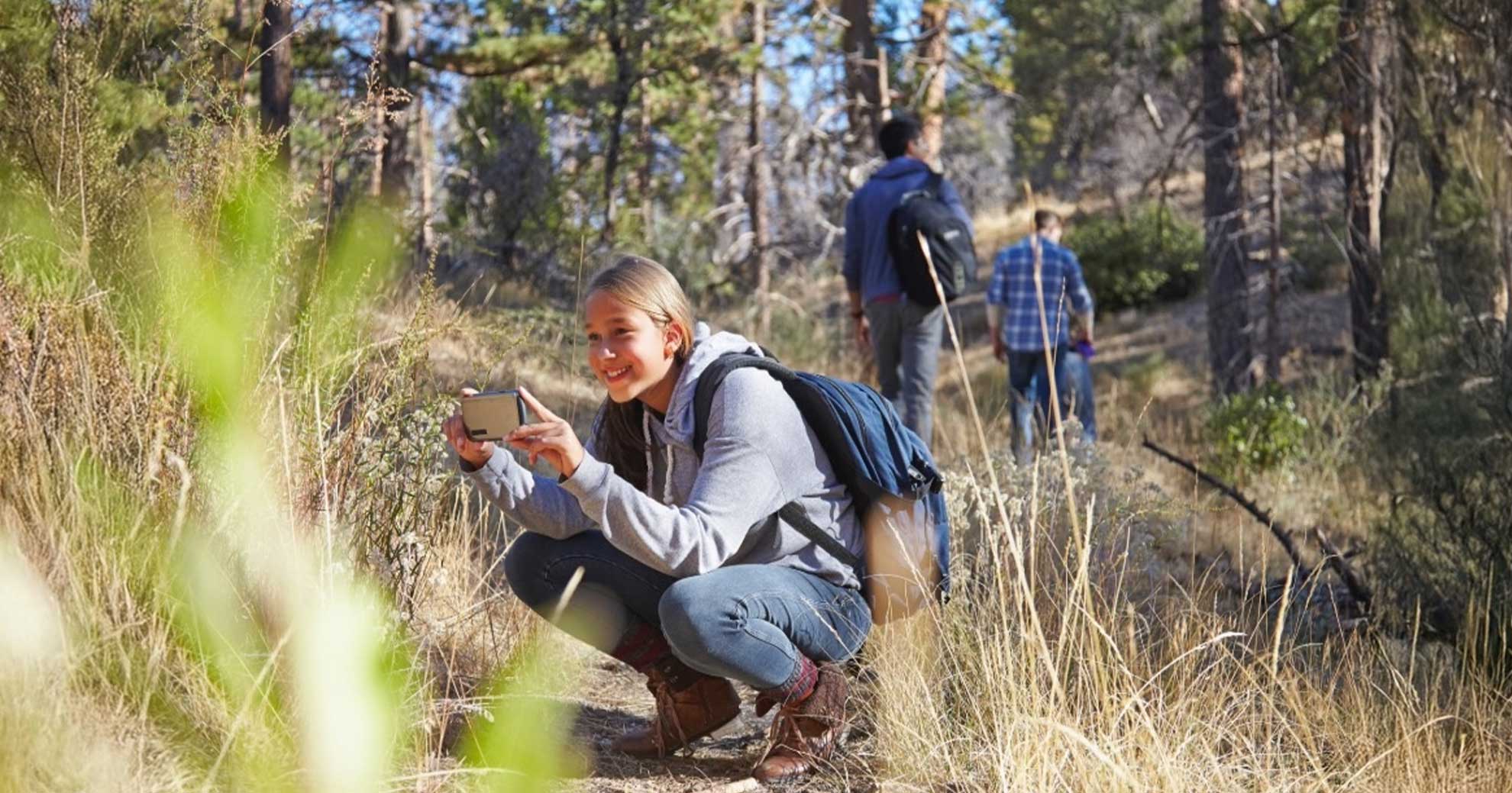 In einem sonnigen Wald kniet eine junge Person mit blauem Rucksack, grauem Hoodie und Jeans am Boden und fotografiert mit dem Smartphone etwas im Gras. Im Hintergrund laufen zwei weitere Personen auf einem Waldpfad weiter. Die Szenerie wirkt ruhig und zeigt Naturbeobachtung im Rahmen eines Ausflugs oder Unterrichts.