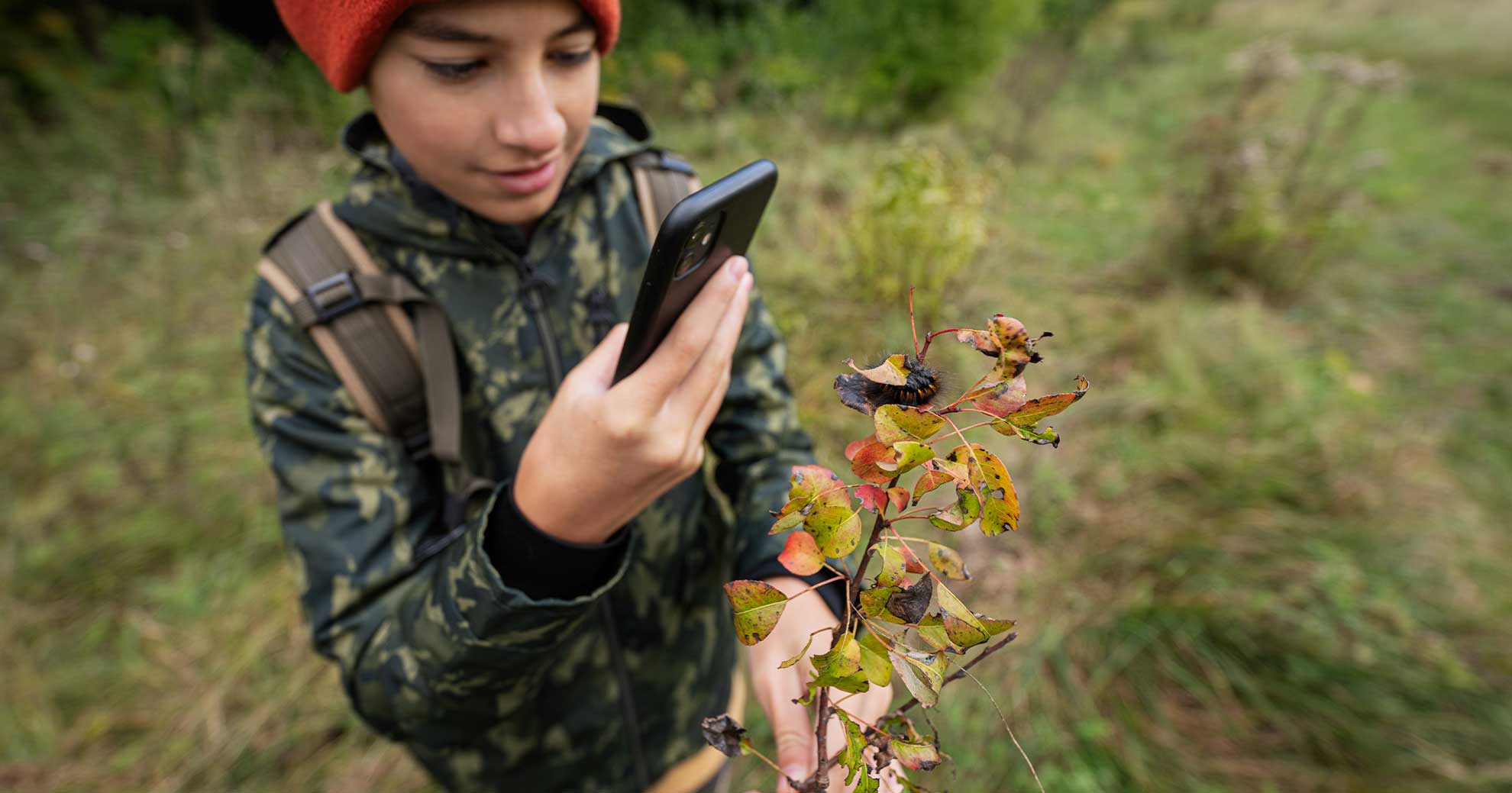 Ein Schüler fotografiert eine Raupe mit dem Smartphone. Das Tier sitzt auf einem Ast. Die Szene zeigt den Einsatz der App Seek by iNaturalist zur Bestimmung von Tieren im Schulunterricht.