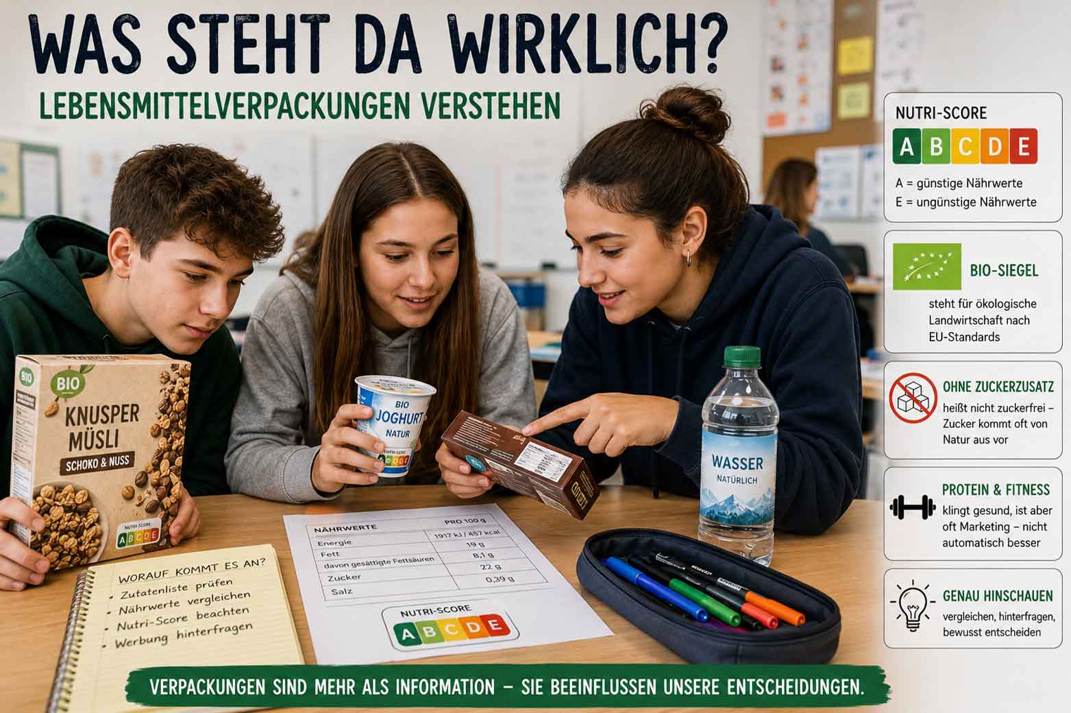 Lebensmittelverpackungen kritisch lesen Markierte Elemente einer Lebensmittelverpackung zur Erklärung von Kennzeichnungen.
