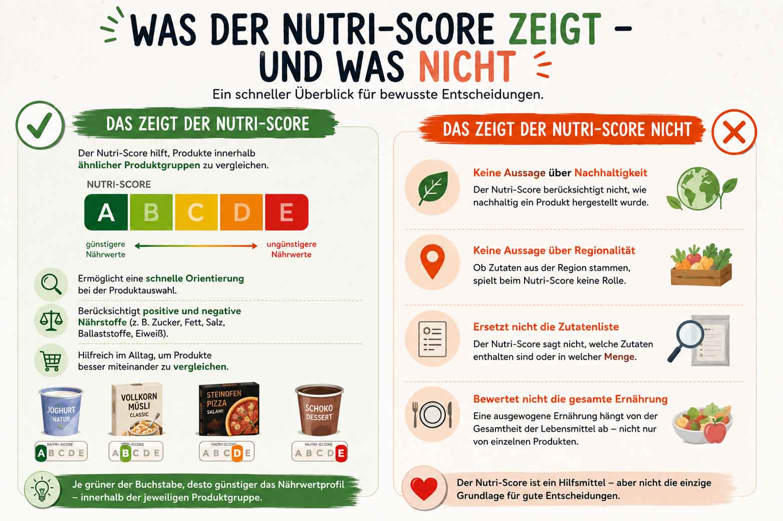 Nutri-Score erklärt Infografik erklärt, was der Nutri-Score zeigt und welche Grenzen das System hat